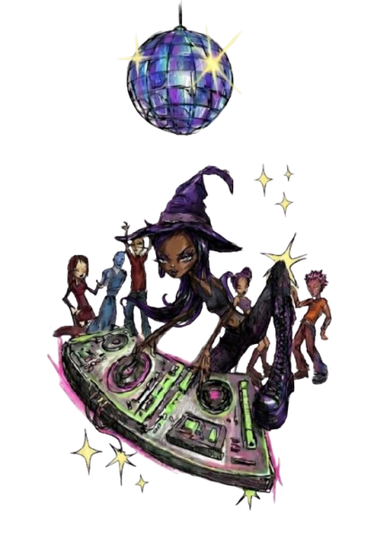 Finished colour version of the witch DJ illustration