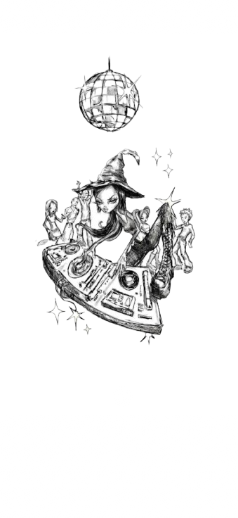 Pencil sketch of a witch DJ under a disco ball