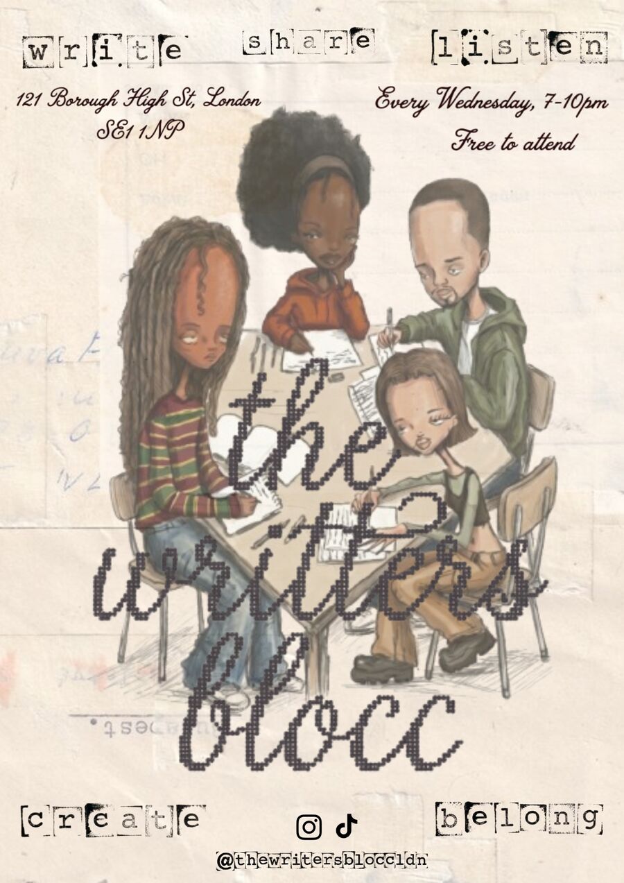 The Writers Blocc flyer: four illustrated writers around a table, every Wednesday 7 to 10pm at 121 Borough High St
